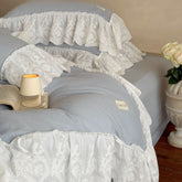 Macaroon French Lace Ruffled Bedding Set - Blue